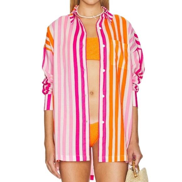 NWOT Beach Riot Alexa Striped Button Up Shirt Swim Cover Pink Women Petite Large - Picture 1 of 8